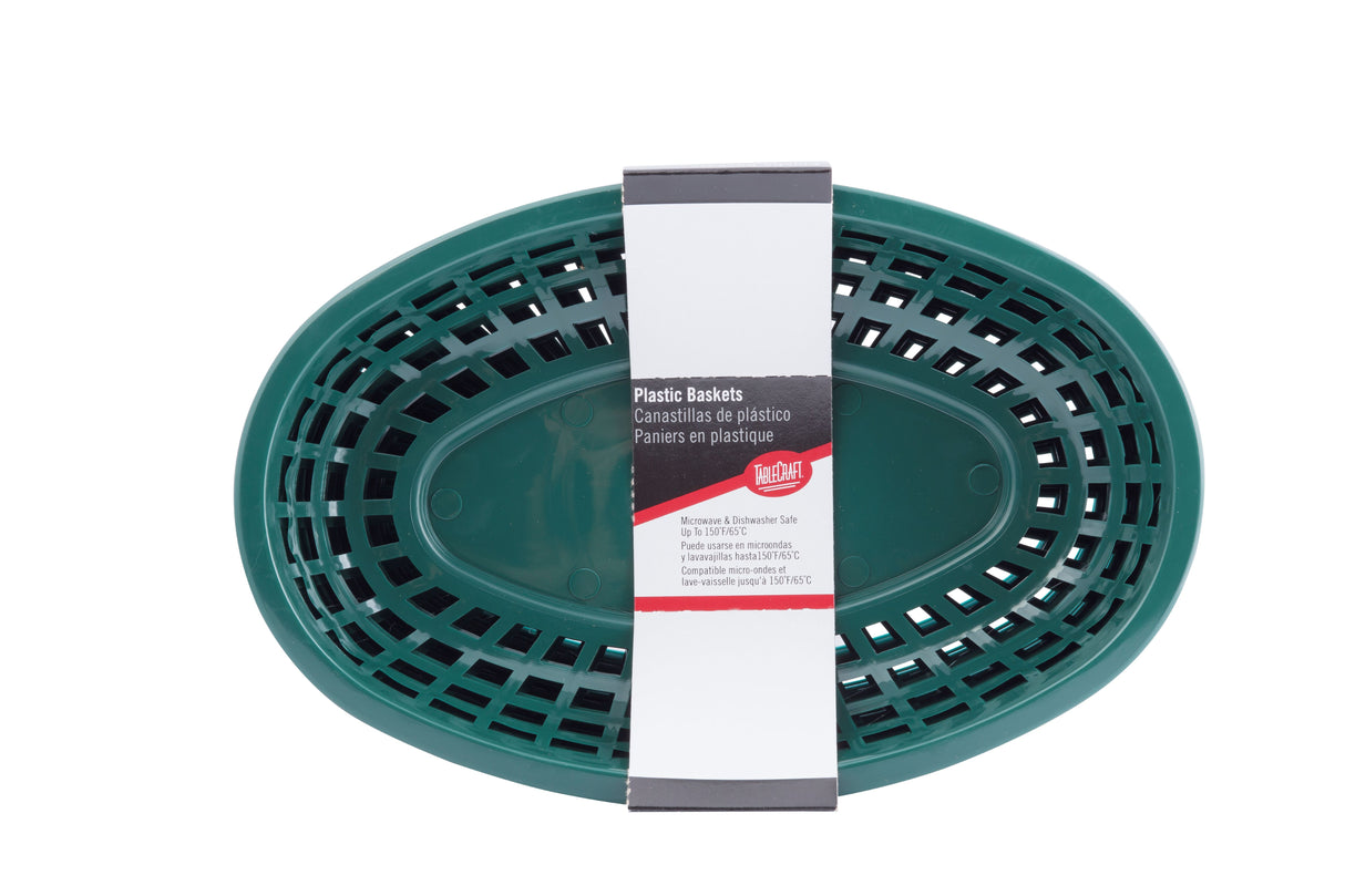 A green plastic oval basket with a lattice design is shown from above. A label wrapped around the middle reads Plastic Baskets in English and French, highlighting that these classic baskets are heat resistant. The basket is against a plain white background.