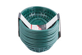 A stack of green, plastic, oval-shaped classic baskets with a slatted pattern, bound together by a cardboard sleeve. Made in USA, these baskets are commonly used in restaurants for serving items like fries or sandwiches. The background is white.