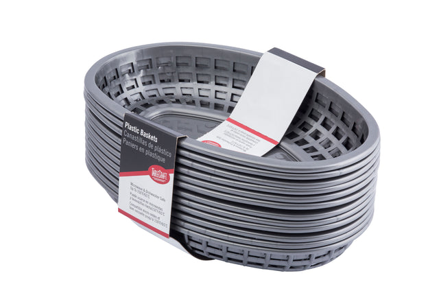 A stack of classic gunmetal gray oval plastic baskets with open grid sides, held together by a paper label featuring English and Spanish text and a red and white design, set against a white background.