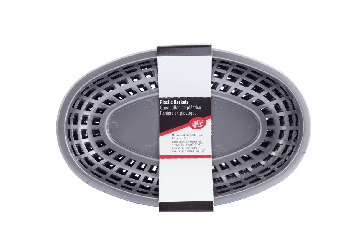 Oval-shaped gunmetal gray plastic basket with a ventilated, grid-like design. A white and black label with red accents wraps around the basket, listing product details in multiple languages, including Plastic Baskets and Canastillas de plástico.