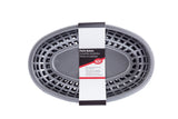 Oval-shaped gunmetal gray plastic basket with a ventilated, grid-like design. A white and black label with red accents wraps around the basket, listing product details in multiple languages, including Plastic Baskets and Canastillas de plástico.