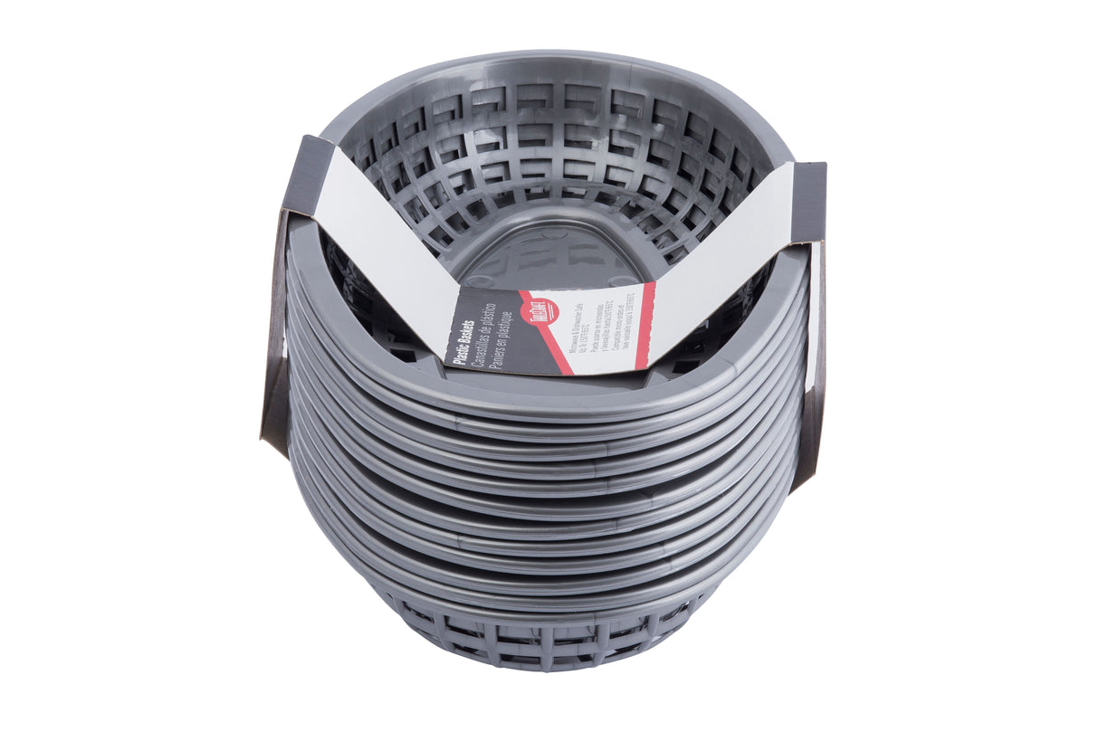 A stack of gunmetal gray, heat resistant plastic food baskets with a grid pattern, bundled by two white straps. A rectangular label with product information is attached to the top basket. The background is plain white.
