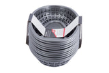 A stack of gunmetal gray, heat resistant plastic food baskets with a grid pattern, bundled by two white straps. A rectangular label with product information is attached to the top basket. The background is plain white.
