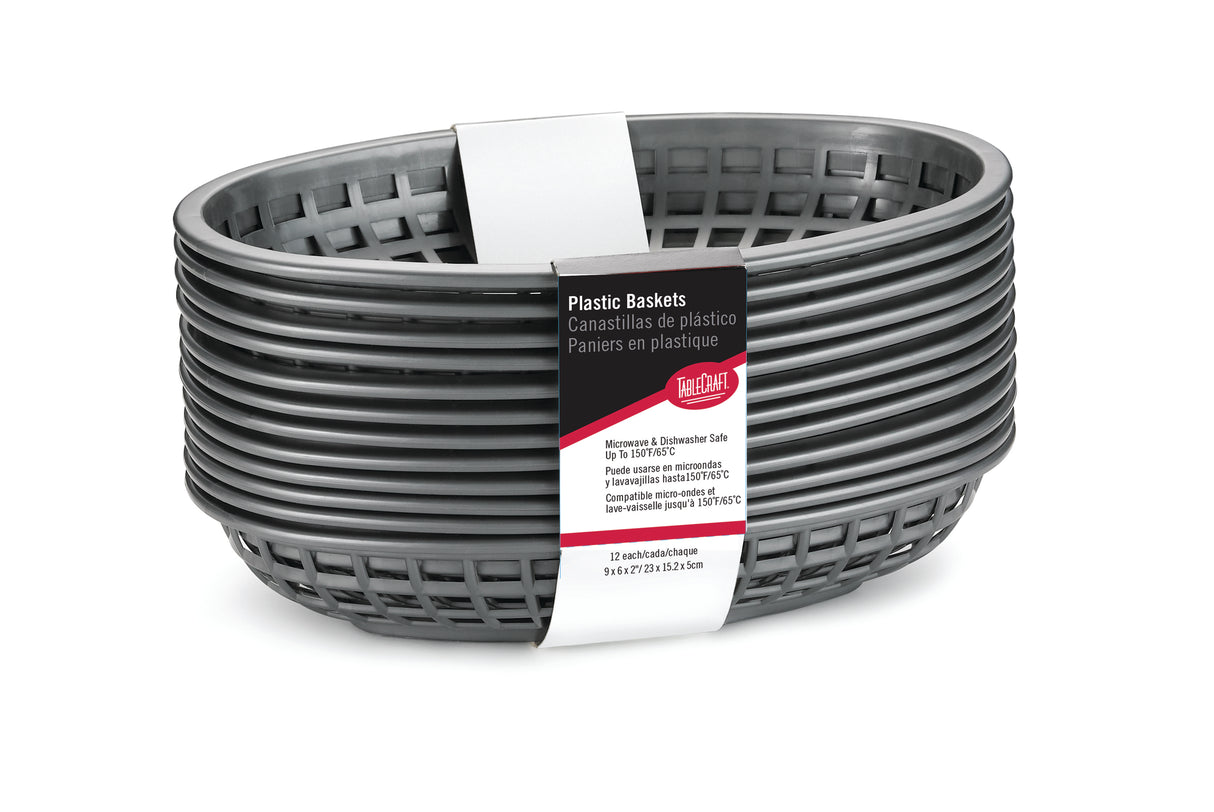 A stack of eight oval, gunmetal gray plastic classic baskets is shown with a white label wrapped around the middle. The label lists product details in English and French. The heat resistant baskets have a lattice design and are nested together.