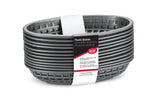 A stack of eight oval, gunmetal gray plastic classic baskets is shown with a white label wrapped around the middle. The label lists product details in English and French. The heat resistant baskets have a lattice design and are nested together.
