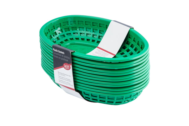 A stack of green oval classic baskets, held together by a white and red paper sleeve, features open lattice sides and a solid base. These dishwasher safe baskets are typically used for serving food in casual dining settings against a white background.