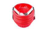 A stack of bright red, oval-shaped Classic baskets with a lattice design. The baskets are nested together, held by two white and black paper bands. These heat resistant baskets are shown on a white background.