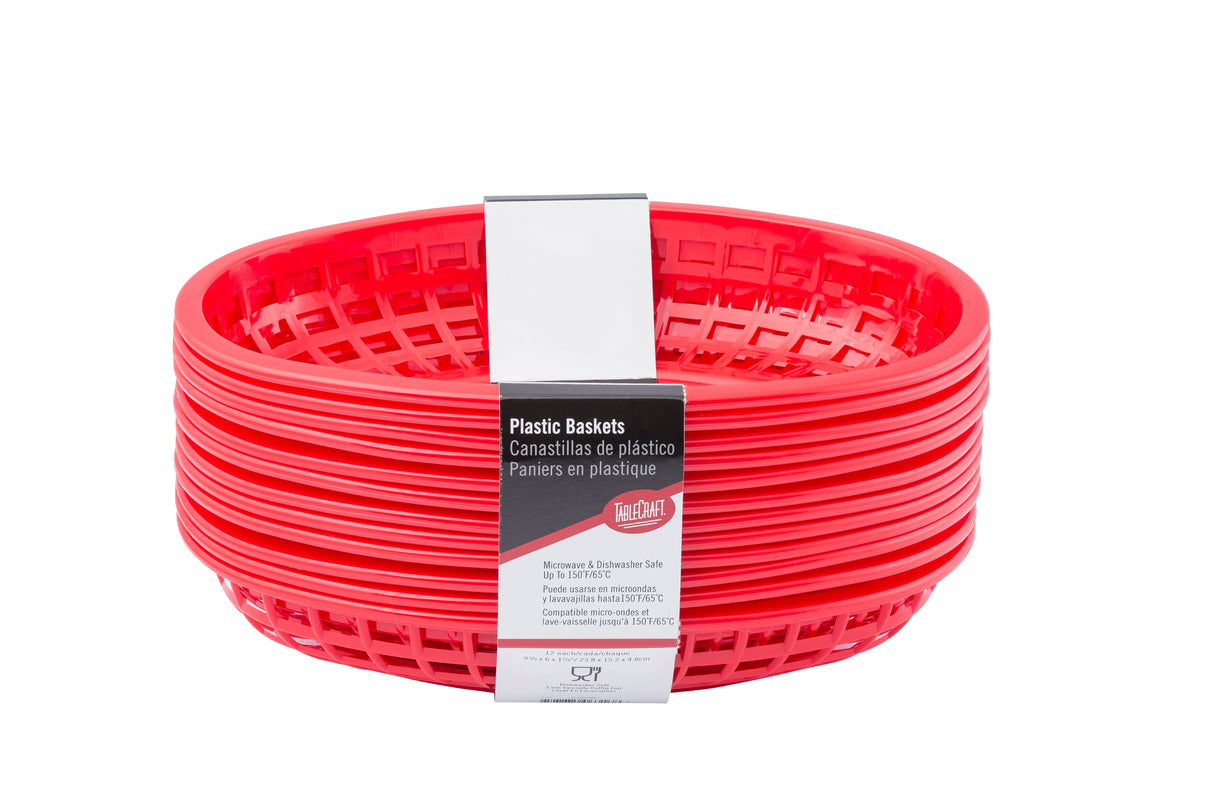 A stack of red, oval-shaped classic baskets with lattice sides. A white and gray label wrapped around the middle reads Plastic Baskets in English, French, and Spanish. The dishwasher safe baskets are nested together on a white background.