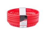 A stack of red, oval-shaped classic baskets with lattice sides. A white and gray label wrapped around the middle reads Plastic Baskets in English, French, and Spanish. The dishwasher safe baskets are nested together on a white background.