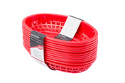 A stack of classic red oval plastic baskets with open lattice sides and solid rims, held together by a white and black paper band. These dishwasher safe baskets feature a bilingual label on the side and are pictured on a white background.