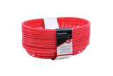 A stack of five classic red oval plastic baskets with an open grid pattern. These dishwasher safe baskets are held together by a white and gray label displaying product information in English, Spanish, and French. The label includes the brand Gacraft.