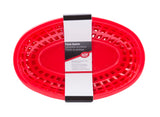 A stack of classic red, oval-shaped plastic baskets is held together by a black-and-white paper band with English and French text. The baskets have a lattice design along the sides, a solid base, and are dishwasher safe for easy cleaning.