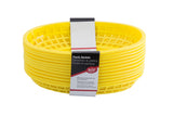 A stack of ten bright yellow Cash & Carry Classic Baskets with a lattice design, wrapped in a white and black label displaying product info in English and French. These plastic serving baskets are placed on a white background.