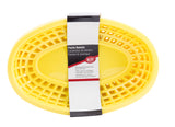 A bright yellow oval plastic basket with slotted sides, viewed from above. A white product label with English and Spanish text wraps around the center, describing this heat resistant, classic basket as suitable for microwave and dishwasher use.