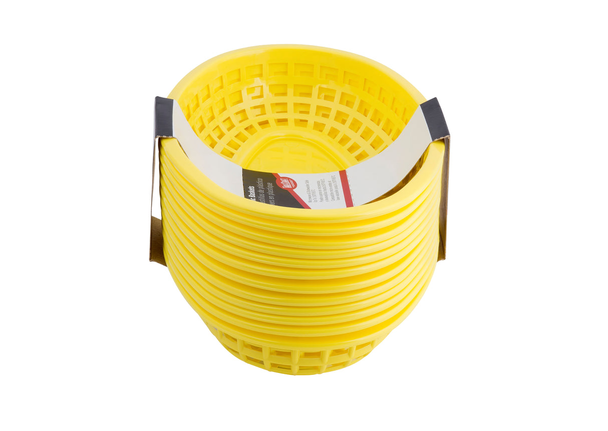 A stack of ten bright yellow Cash & Carry Classic Baskets with open lattice sides and solid bottoms, held together by a white and red paper band. These oval-shaped plastic serving baskets are nested together against a plain white background.