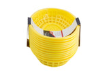 A stack of ten bright yellow Cash & Carry Classic Baskets with open lattice sides and solid bottoms, held together by a white and red paper band. These oval-shaped plastic serving baskets are nested together against a plain white background.