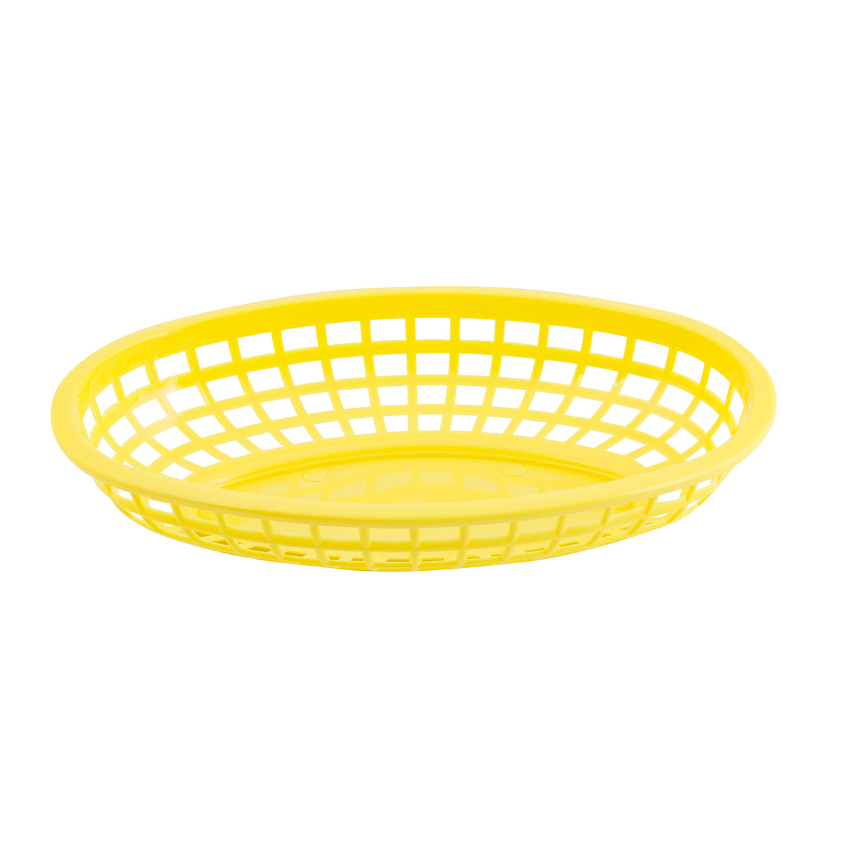 A bright yellow, oval-shaped plastic serving basket with a grid-like, open-weave pattern on the sides and solid bottom, shown on a plain white background. This Cash & Carry Classic Basket is shallow, lightweight, and ideal for serving fries or sandwiches.
