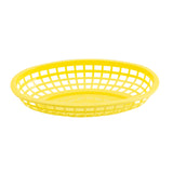 A bright yellow, oval-shaped plastic serving basket with a grid-like, open-weave pattern on the sides and solid bottom, shown on a plain white background. This Cash & Carry Classic Basket is shallow, lightweight, and ideal for serving fries or sandwiches.