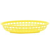 A bright yellow plastic serving basket with an oval shape and open grid-like sides sits on a white background. The basket is empty, featuring a flat base and slightly raised rim—ideal for Cash & Carry Classic Baskets displays.