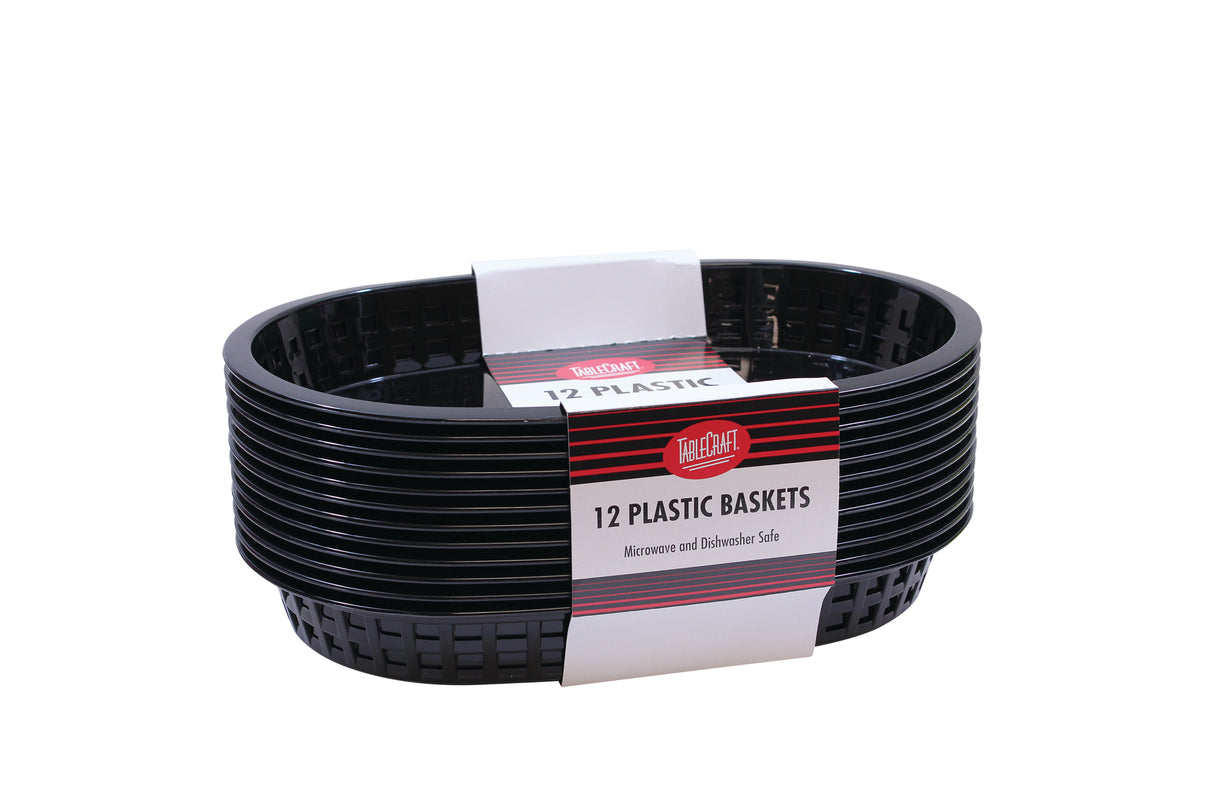 A stack of twelve black oval Chicago Baskets with a white and red label wrapped around the middle that reads, “Tablecraft 12 Plastic Baskets—Microwave and Dishwasher Safe.” The baskets have a small grid pattern on the sides.