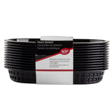 A stack of black, oval-shaped heat resistant baskets with a perforated design on the sides. A label wrapped around the stack reads Plastic Baskets in English, Spanish, and French, and notes they are microwave and dishwasher safe.