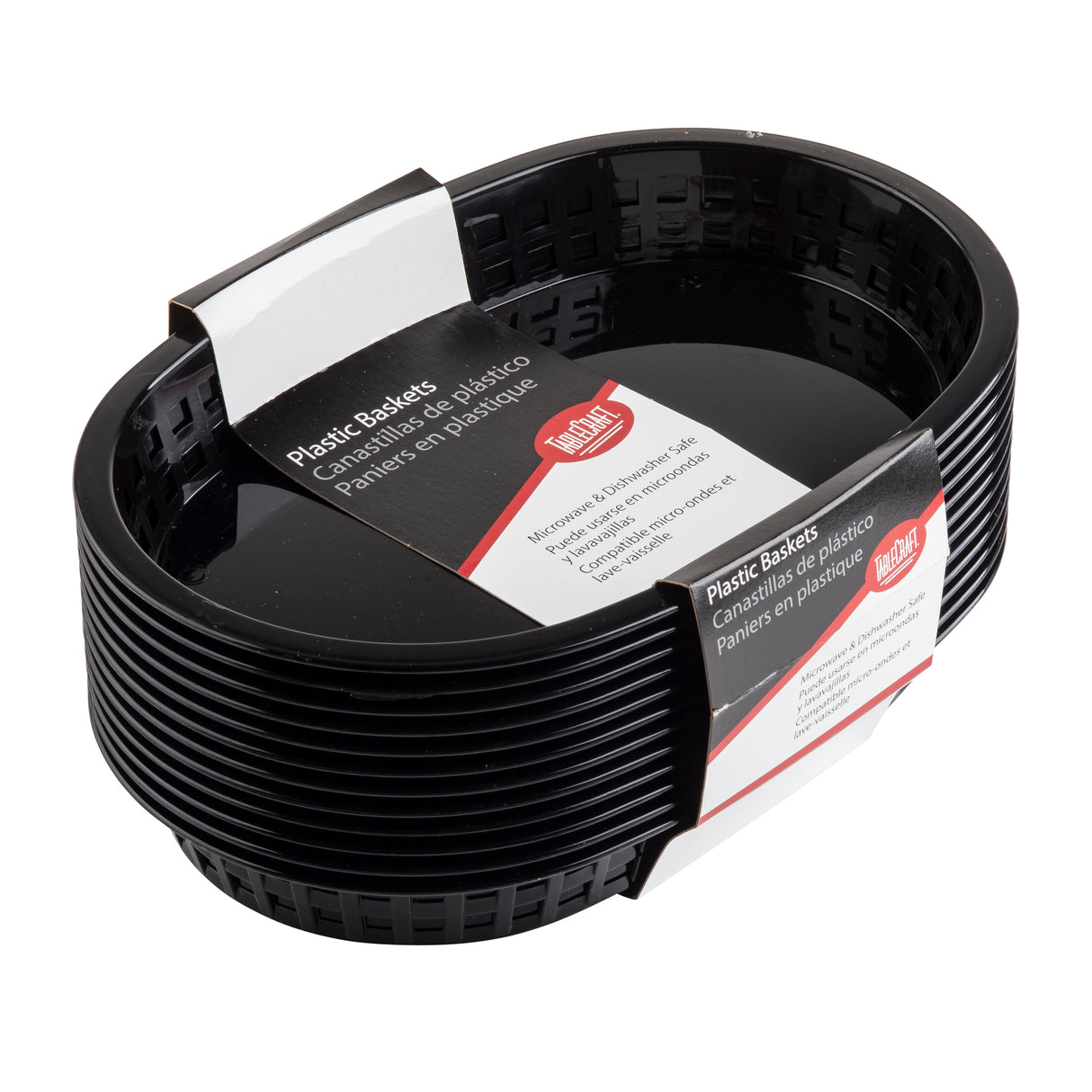 A stack of black, oval-shaped Chicago Baskets with a white and red paper label around them. The label displays the TableCraft brand and product details in English, French, and Spanish. These heat resistant baskets feature a slatted pattern on the sides.