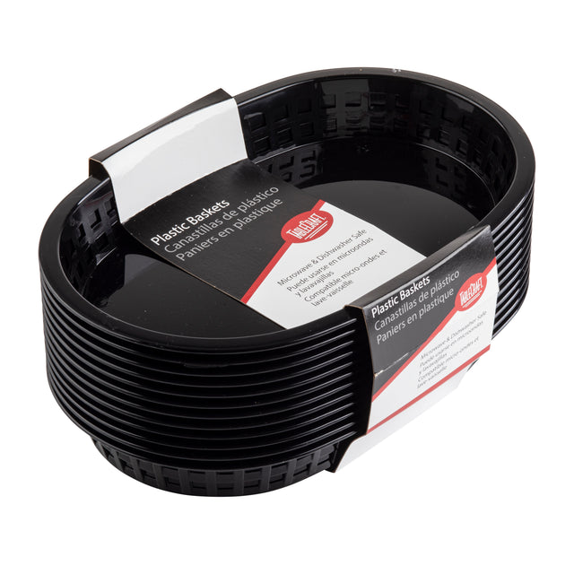 A stack of black, oval-shaped Chicago Baskets with a white and red paper label around them. The label displays the TableCraft brand and product details in English, French, and Spanish. These heat resistant baskets feature a slatted pattern on the sides.