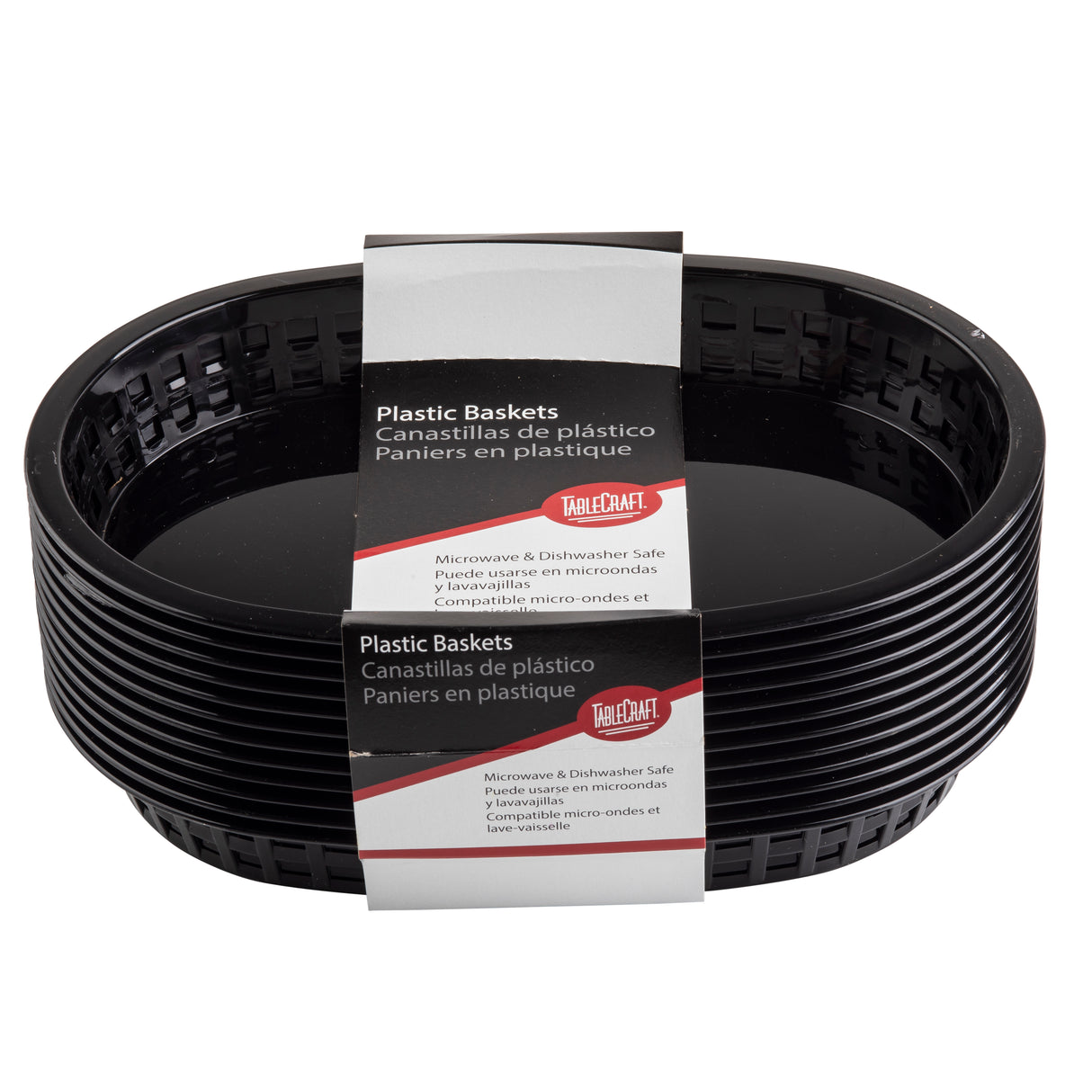 A stack of black oval Chicago Baskets with a white and red TableCraft label wrapped around them, stating “Plastic Baskets” in English, Spanish, and French. The label notes these heat resistant baskets are microwave and dishwasher safe.
