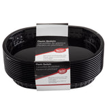 A stack of black oval Chicago Baskets with a white and red TableCraft label wrapped around them, stating “Plastic Baskets” in English, Spanish, and French. The label notes these heat resistant baskets are microwave and dishwasher safe.