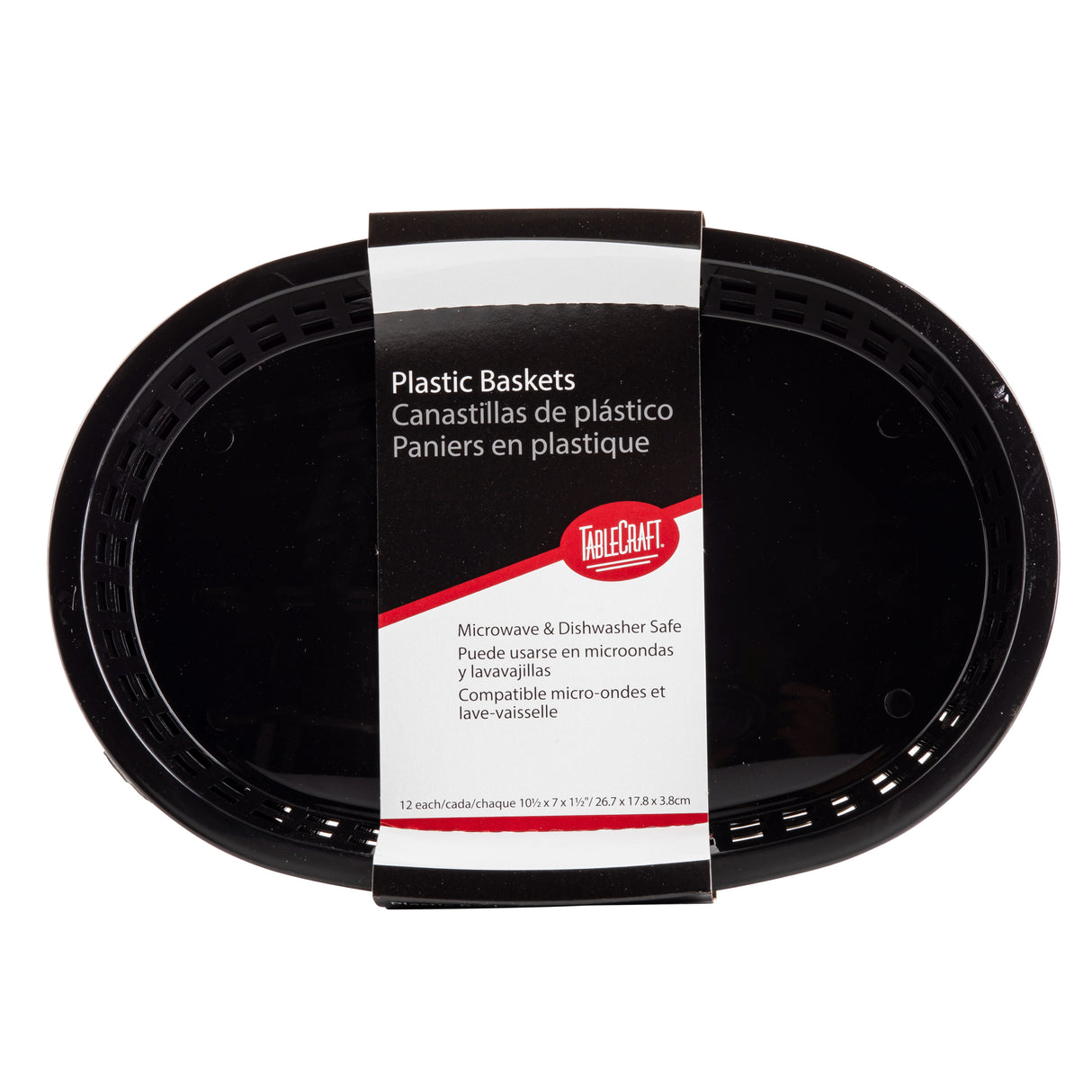 A stack of black oval plastic baskets with vent holes along the rim. The label notes these Chicago Baskets are microwave and dishwasher safe, heat resistant baskets, and displays the TableCraft logo in English, Spanish, and French.