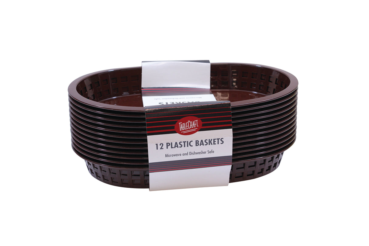 A stack of dark brown Chicago Baskets is shown, held together by a white and red paper label that reads “12 Plastic Baskets, Microwave and Dishwasher Safe.” These heat resistant baskets have a lattice design and are nested inside each other.
