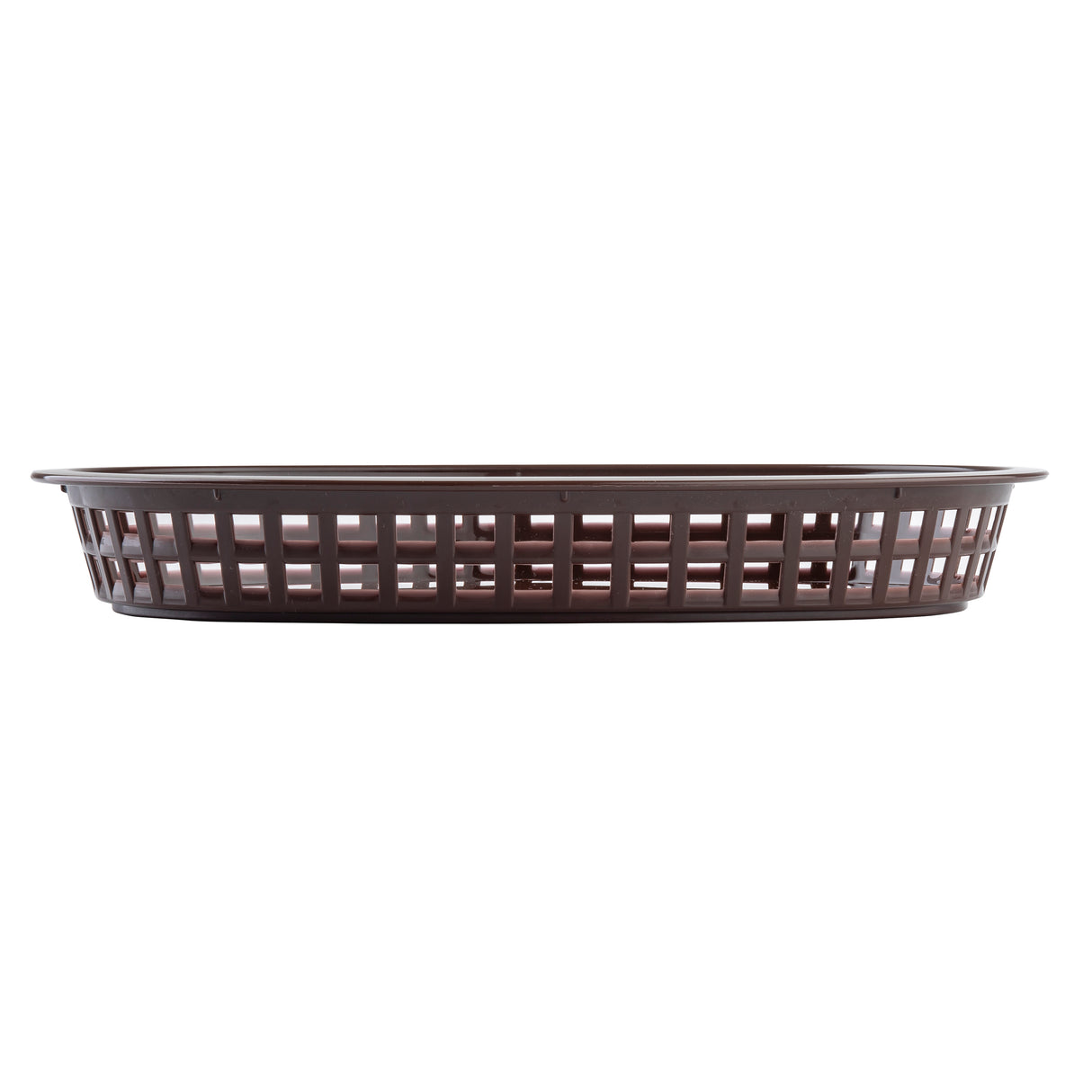 A brown, oval-shaped plastic basket with a grid-like pattern of rectangular holes along the sides, shown from a side view against a white background. This Chicago Basket features a slightly flared rim, flat base, and is dishwasher safe.