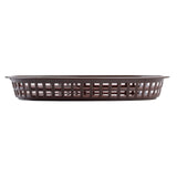 A brown, oval-shaped plastic basket with a grid-like pattern of rectangular holes along the sides, shown from a side view against a white background. This Chicago Basket features a slightly flared rim, flat base, and is dishwasher safe.