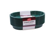A stack of twelve green oval Chicago baskets, wrapped with a white label that reads “12 Plastic Baskets—Microwave and Dishwasher Safe.” The baskets have a grid-like pattern and are perfect for serving food.