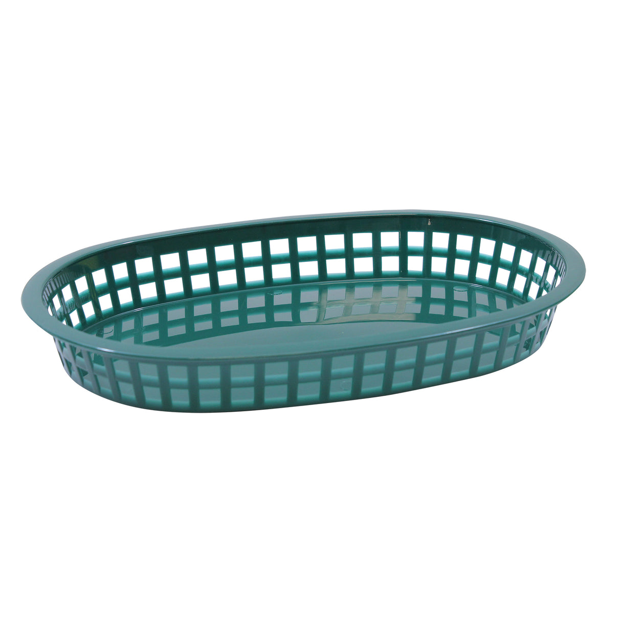 A green plastic oval basket with a grid-like, open lattice design along the sides and a solid bottom, placed on a white background. This Chicago basket is dishwasher safe, ideal for serving or holding various items.