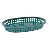 A green plastic oval basket with a grid-like, open lattice design along the sides and a solid bottom, placed on a white background. This Chicago basket is dishwasher safe, ideal for serving or holding various items.