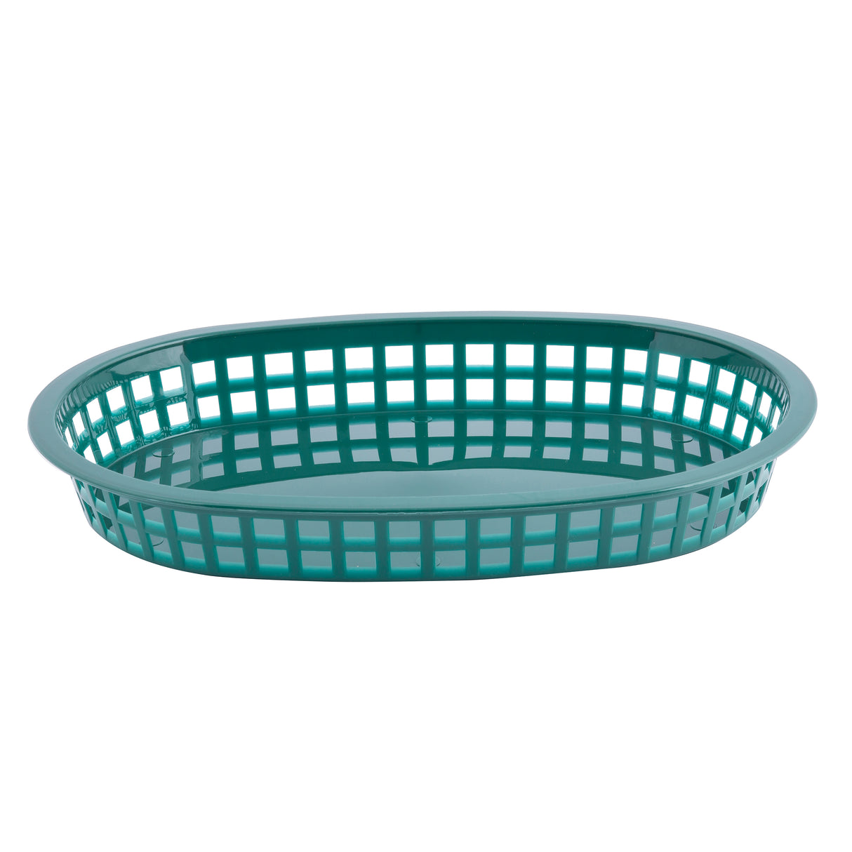 A teal plastic oval basket with an open grid design and solid base, shown empty against a plain white background. This shallow, lightweight Chicago basket is typically used for serving food or organizing small items and is dishwasher safe.