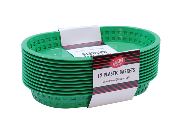 A stack of ten green, oval-shaped Chicago baskets with a grid-like pattern and a label reading “12 Plastic Baskets, Microwave and Dishwasher Safe.” These heat resistant baskets are perfect for serving and easy to clean.