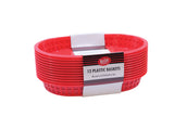 A stack of 12 red, oval-shaped plastic display baskets with a lattice design, wrapped in a white and black label that reads “12 Plastic Baskets” and highlights they are heat resistant, microwave safe, and dishwasher safe.