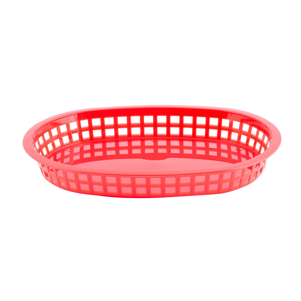 A bright red, oval-shaped plastic display basket with open grid sides and a solid bottom, shown on a plain white background. This glossy, utilitarian Chicago basket is heat resistant—ideal for serving fries or burgers.
