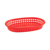 A red, oval-shaped plastic display basket with a grid-like open design on the sides and a solid bottom, set against a white background. This Chicago basket is empty and often used for serving food like fries or sandwiches.