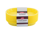 A stack of six bright yellow, oval-shaped plastic serving baskets with grid-style sides, wrapped with a label reading TableCraft 12 Plastic Baskets, Microwave and Dishwasher Safe, Chicago Baskets, against a white background.