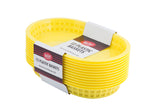 A stack of twelve yellow, oval-shaped Chicago Baskets is held together by a white and red paper band labeled “12 Plastic Baskets.” The plastic serving baskets have open-grid sides and are nested closely together on a white background.