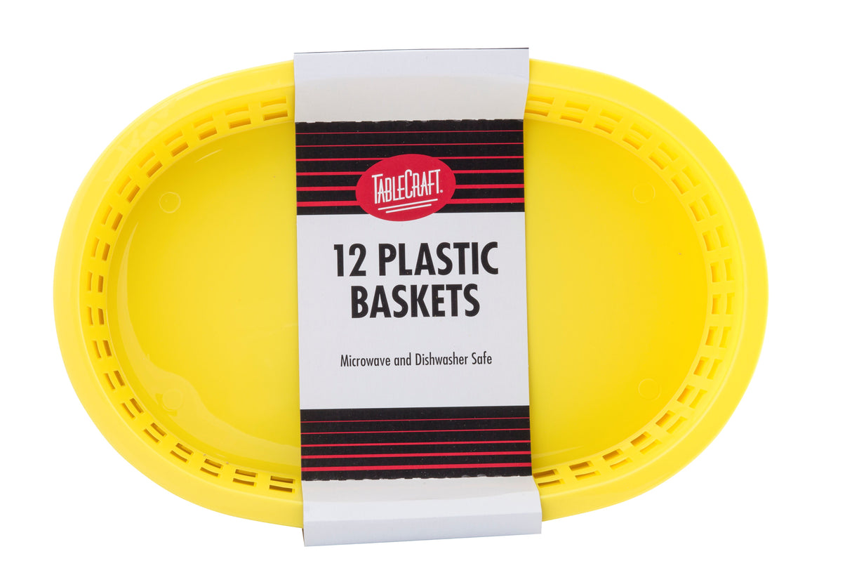 A stack of oval, yellow plastic serving baskets is wrapped with a label that reads “TableCraft 12 Plastic Baskets. Microwave and Dishwasher Safe” in black text on a white background with red and black stripes.