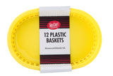 A stack of oval, yellow plastic serving baskets is wrapped with a label that reads “TableCraft 12 Plastic Baskets. Microwave and Dishwasher Safe” in black text on a white background with red and black stripes.