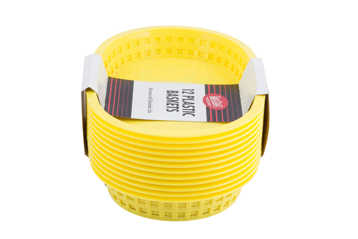 A stack of twelve yellow Chicago Baskets is shown. The oval-shaped plastic serving baskets have slotted sides and are nested together. A cardboard label on top reads “12 PLASTIC BASKETS” with black and red stripes and other small text.