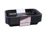 A stack of eight rectangular black Cash & Carry Grande Baskets with open grid sides is wrapped in a white and red label displaying English, French, and Spanish text. These dishwasher safe baskets are shown against a plain white background.