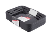 A stack of black, rectangular plastic Cash & Carry Grande Baskets with vented sides is shown. The baskets are labeled with product information, including the HEFTY brand name. These heat resistant baskets are pictured against a plain white background.