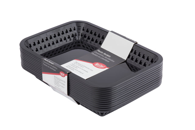 A stack of black, rectangular plastic Cash & Carry Grande Baskets with vented sides is shown. The baskets are labeled with product information, including the HEFTY brand name. These heat resistant baskets are pictured against a plain white background.
