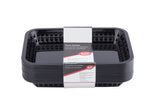A stack of black rectangular Cash & Carry Grande Baskets, packaged with a white and red paper label reading “Plastic Baskets” in multiple languages. These dishwasher safe baskets feature open-slotted sides and a glossy finish.